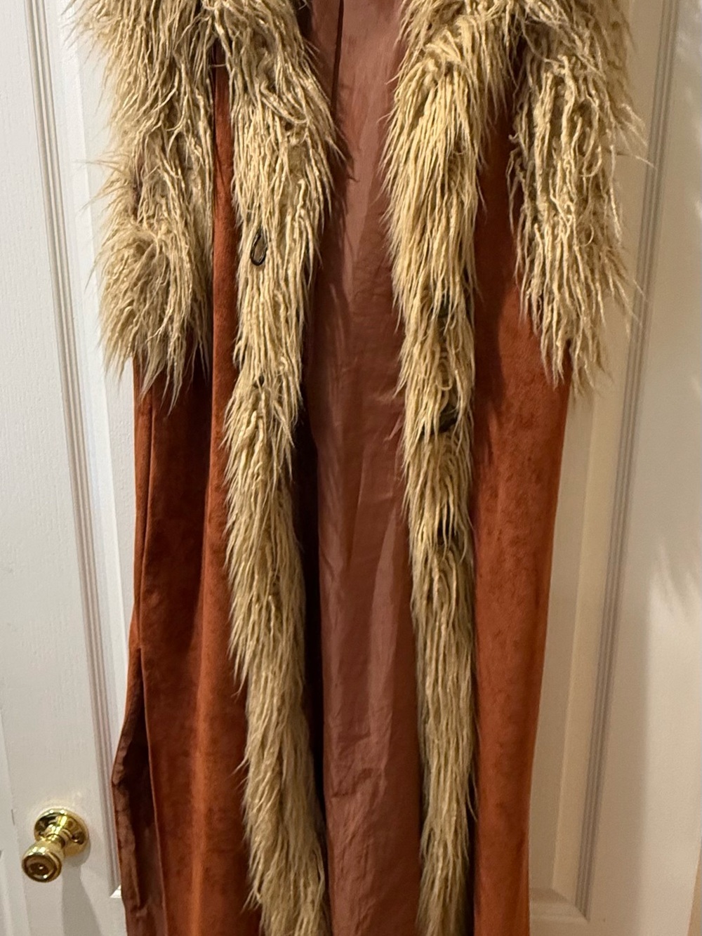 Dolls Kill Widow Brown Faux-Suede Coat with Cream Faux-Fur Trim